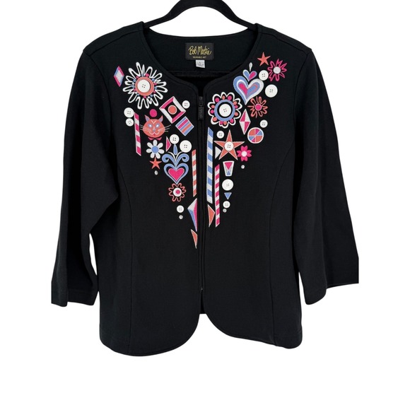 Bob Mackie Wearable Art Sweaters - Bob Mackie Wearable Art Embroidered Cat Full Zip Cardigan Jacket Size Large